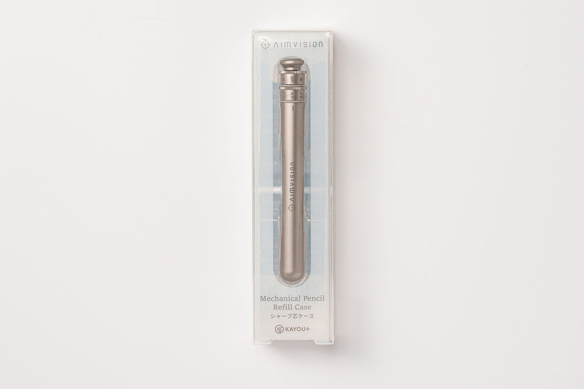 A silver mechanical pencil refill case in its clear plastic packaging, displayed against a clean white background.