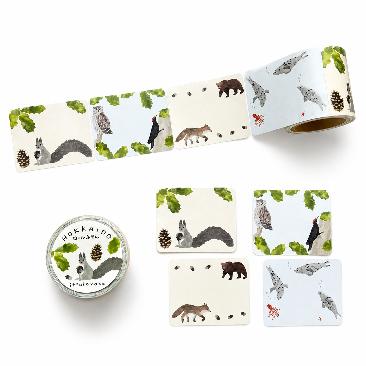 A set of Hokkaido-themed washi tape rolls and matching square stickers featuring forest animals like squirrels, foxes, owls, a woodpecker, and pinecones on a clean white background.