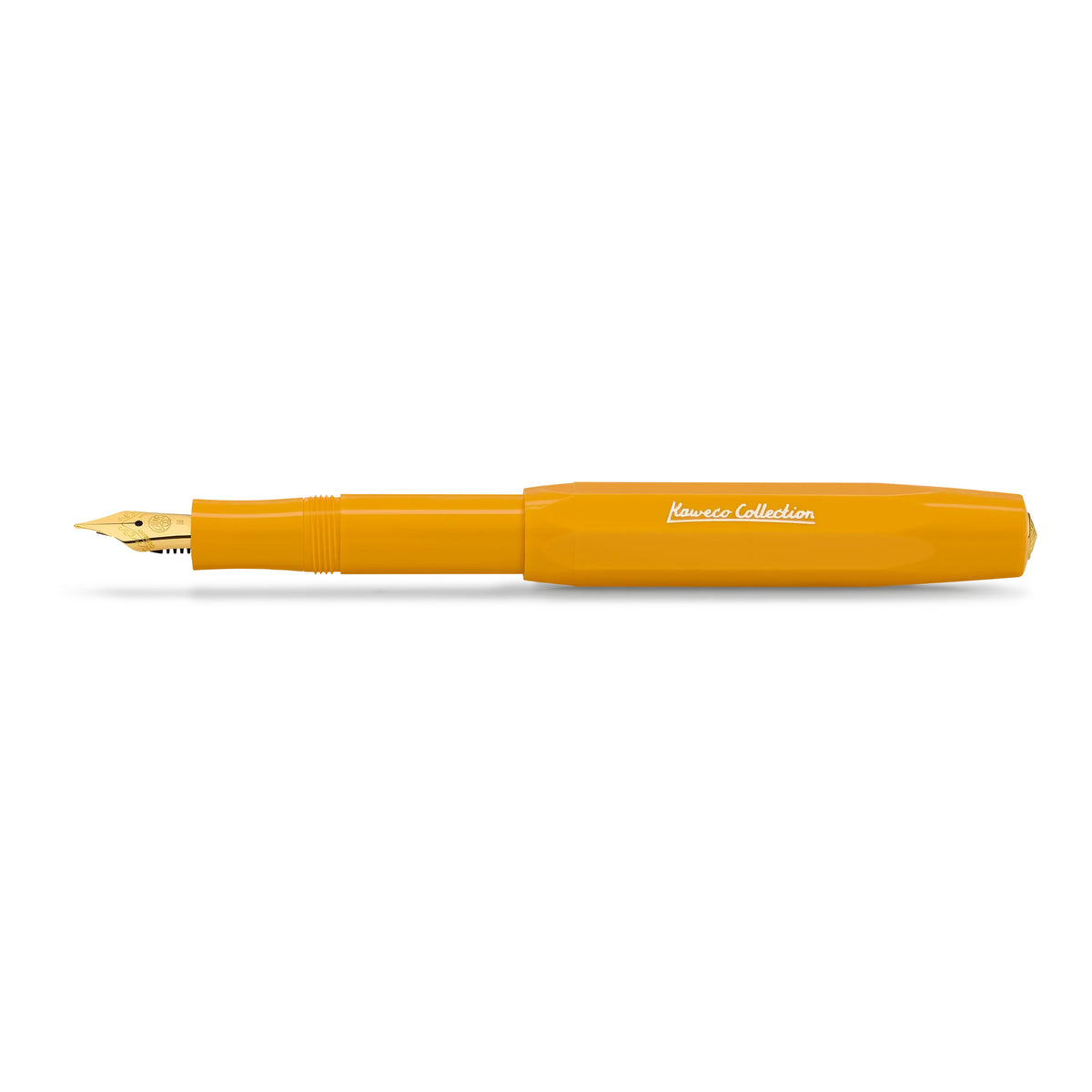 A vibrant orange-yellow fountain pen with a gold nib, shown horizontally against a clean white background. The barrel features the 'Pioneer Collection' logo printed in white.