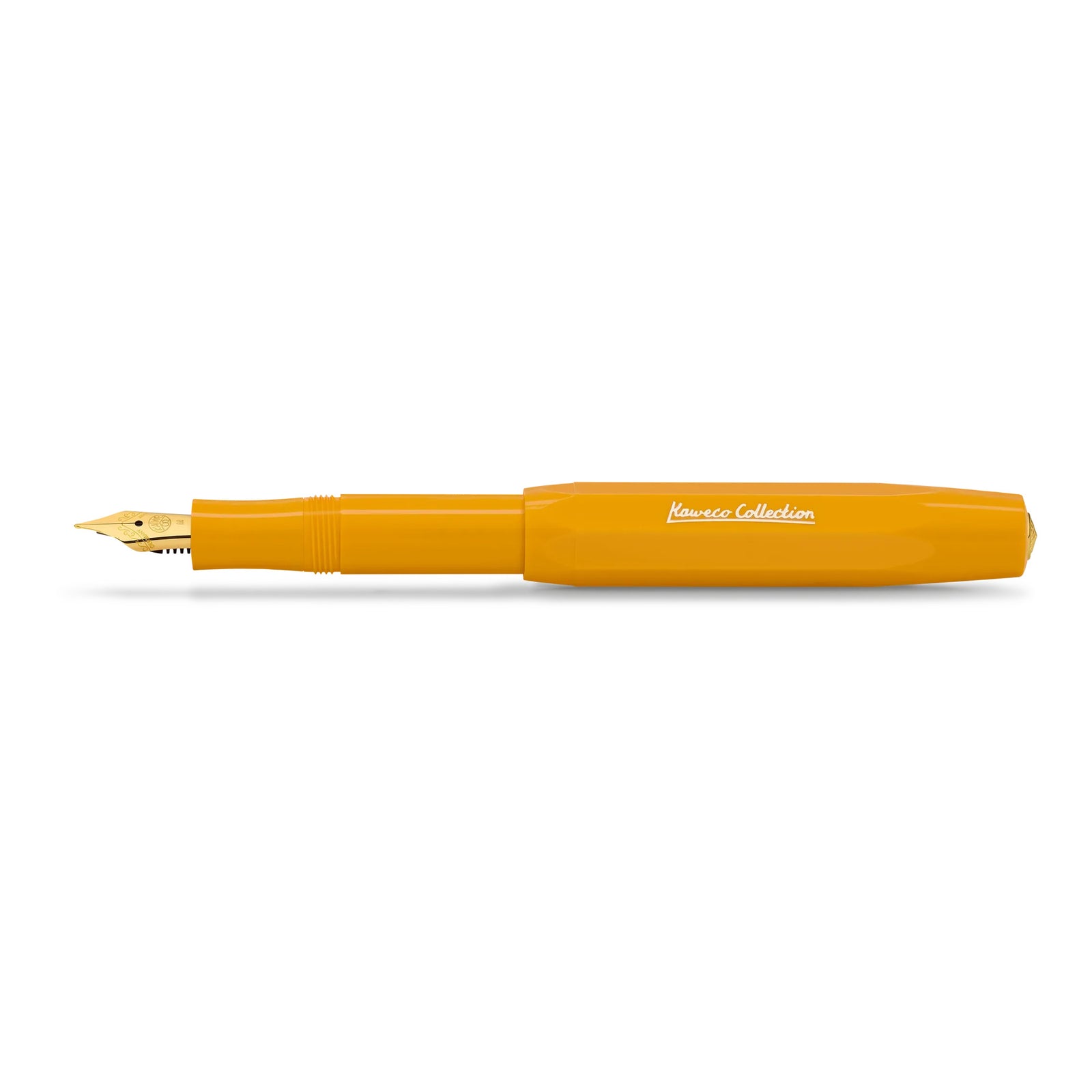 A vibrant orange-yellow fountain pen with a gold nib, shown horizontally against a clean white background. The barrel features the 'Pioneer Collection' logo printed in white.