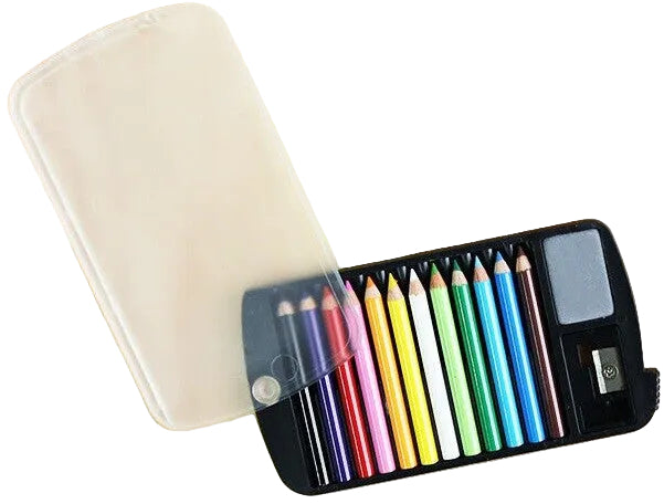 Set of colored pencils and a sharpener in a case 