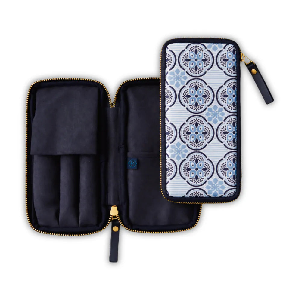 A zippered travel or accessory organizer case shown open and closed. The interior is dark navy fabric with gold-tone zippers and loops.