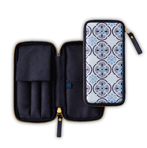 A zippered travel or accessory organizer case shown open and closed. The interior is dark navy fabric with gold-tone zippers and loops.