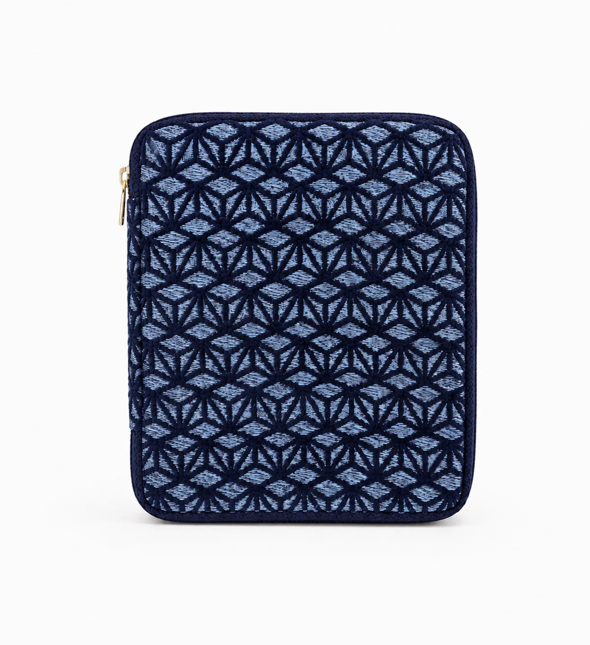 A navy blue zippered sleeve featuring a textured geometric diamond pattern in lighter blue and navy, with a small gold zipper pull on the left side, shown against a plain white background.