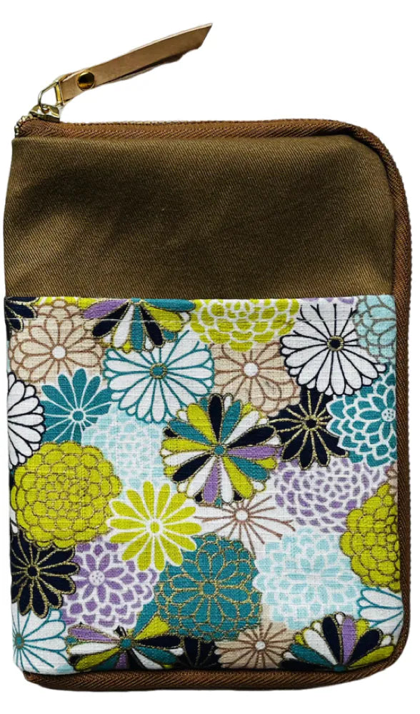 Brown pouch with floral patterned flap on a white background
