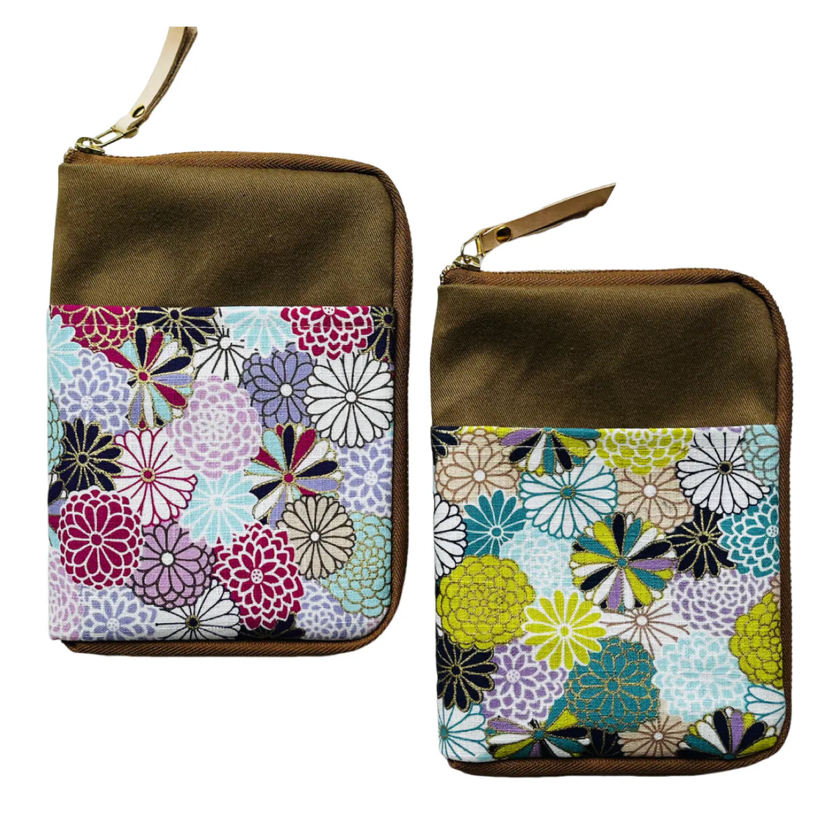 Two small zippered pouches with brown velvet-like tops and floral patterned lower panels, shown on a plain white background.