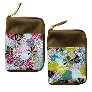 Two small zippered pouches with brown velvet-like tops and floral patterned lower panels, shown on a plain white background.