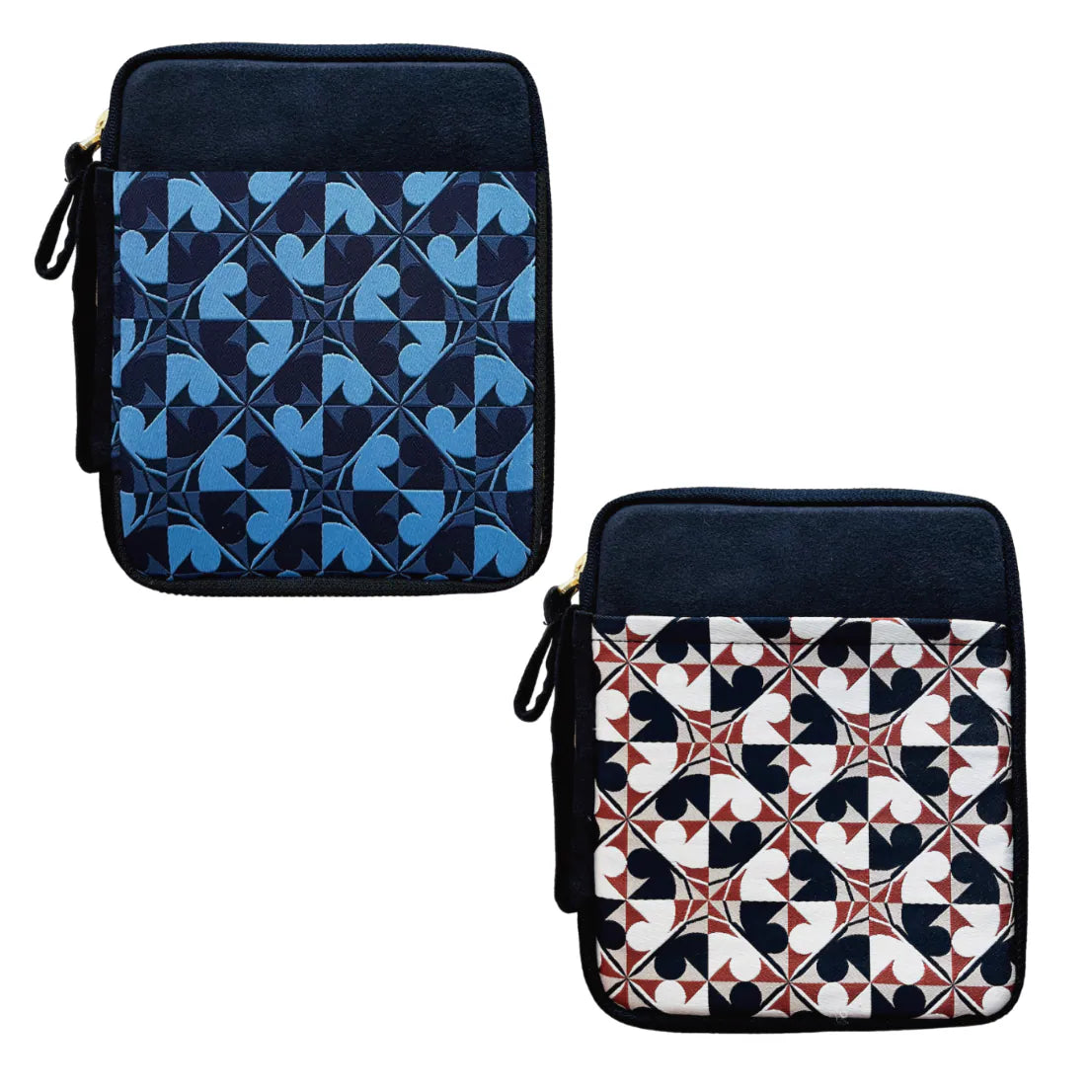 Two tablet sleeve pouches with geometric patterns, shown on a plain white background. One sleeve features a blue and navy pattern, and the other features a red, white, and navy pattern.