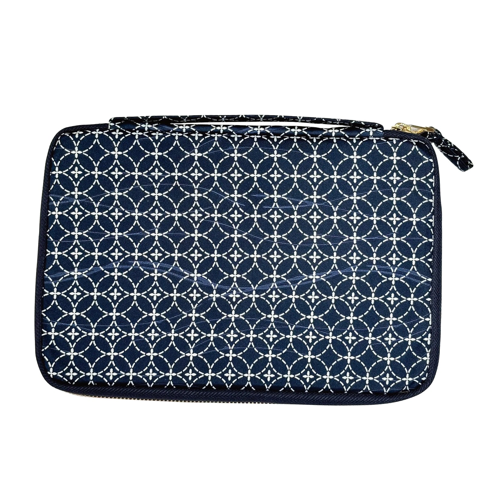 Navy blue pouch with white geometric pattern on a white background