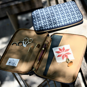 Open beige case with embroidery tools and fabric on a wooden surface