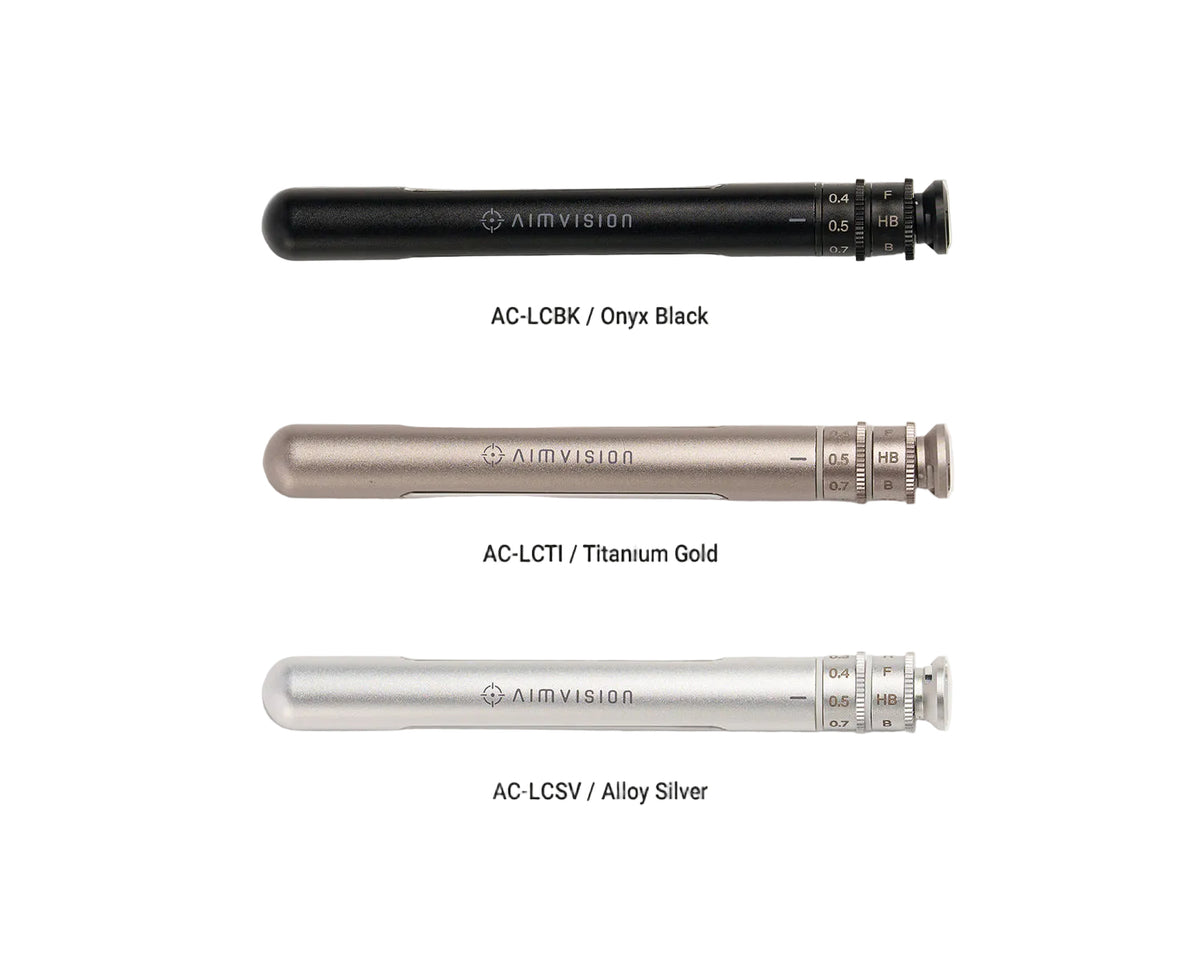 Three AIMVISION pen-style devices shown vertically on a light gray background, labeled AC-LCBK / Onyx Black, AC-LCT1 / Titanium Gold, and AC-LCSV / Alloy Silver.