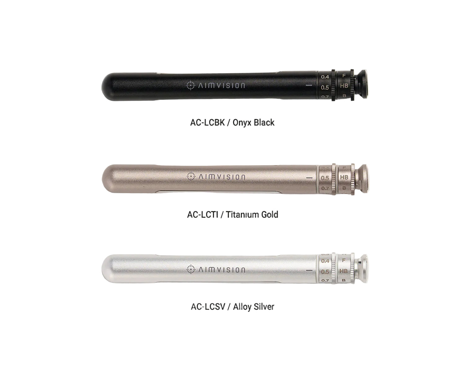 Three AIMVISION pen-style devices shown vertically on a light gray background, labeled AC-LCBK / Onyx Black, AC-LCT1 / Titanium Gold, and AC-LCSV / Alloy Silver.