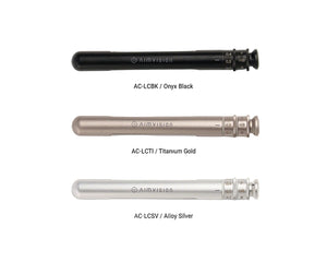 Three AIMVISION pen-style devices shown vertically on a light gray background, labeled AC-LCBK / Onyx Black, AC-LCT1 / Titanium Gold, and AC-LCSV / Alloy Silver.