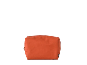 A rectangular orange cosmetic pouch with a zip-top closure, photographed against a clean white background.