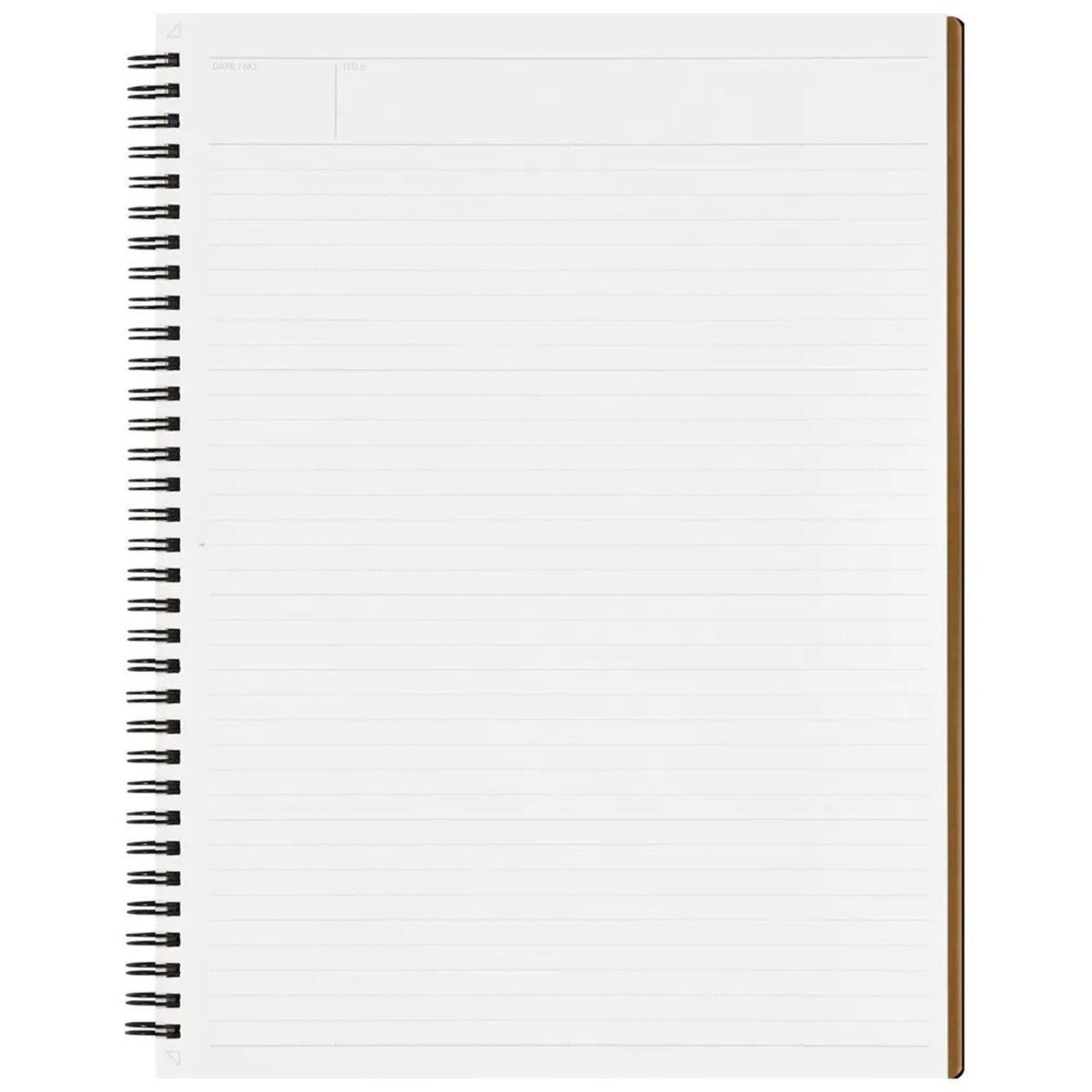 A white spiral-bound lined notebook with a black wire coil on the left and a brown spine on the right, shown against a plain white background.