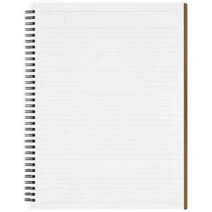 A white spiral-bound lined notebook with a black wire coil on the left and a brown spine on the right, shown against a plain white background.