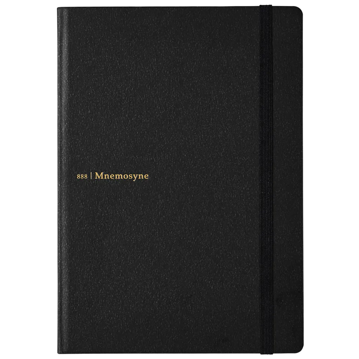 A black hardcover notebook with a textured cover, a black elastic closure band, and gold foil text reading '888 | Mnemosyne' on the front, shown against a plain white background.