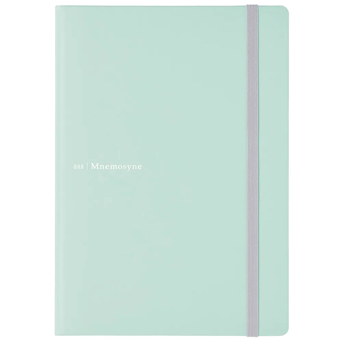 A mint green hardcover notebook with a white elastic closure band and the text 'SAS | Mnemosyne' printed in white on the front, set against a plain white background.