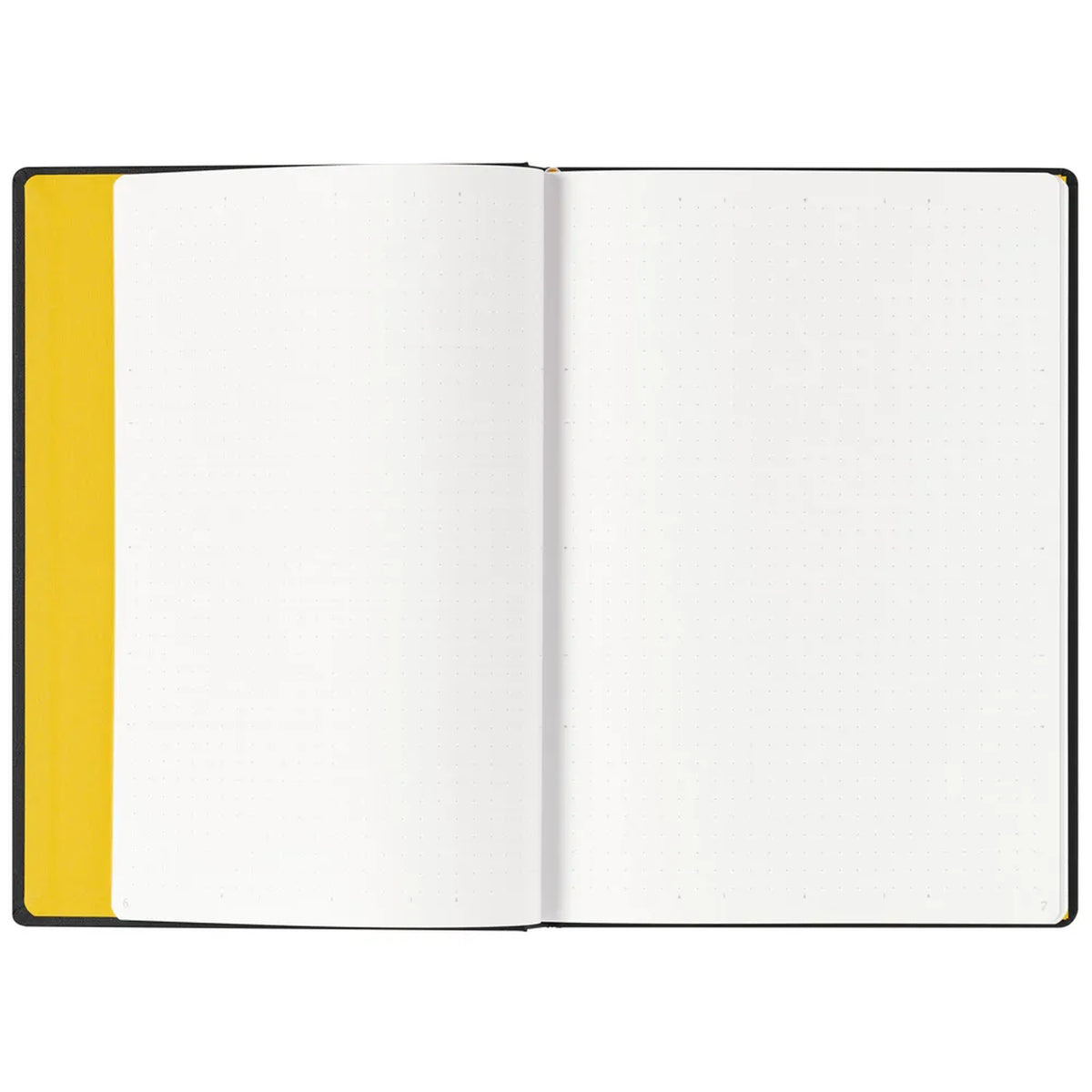 An open notebook with blank white grid pages on the right side and a solid yellow page on the left, set against a plain white background.