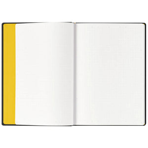 An open notebook with blank white grid pages on the right side and a solid yellow page on the left, set against a plain white background.