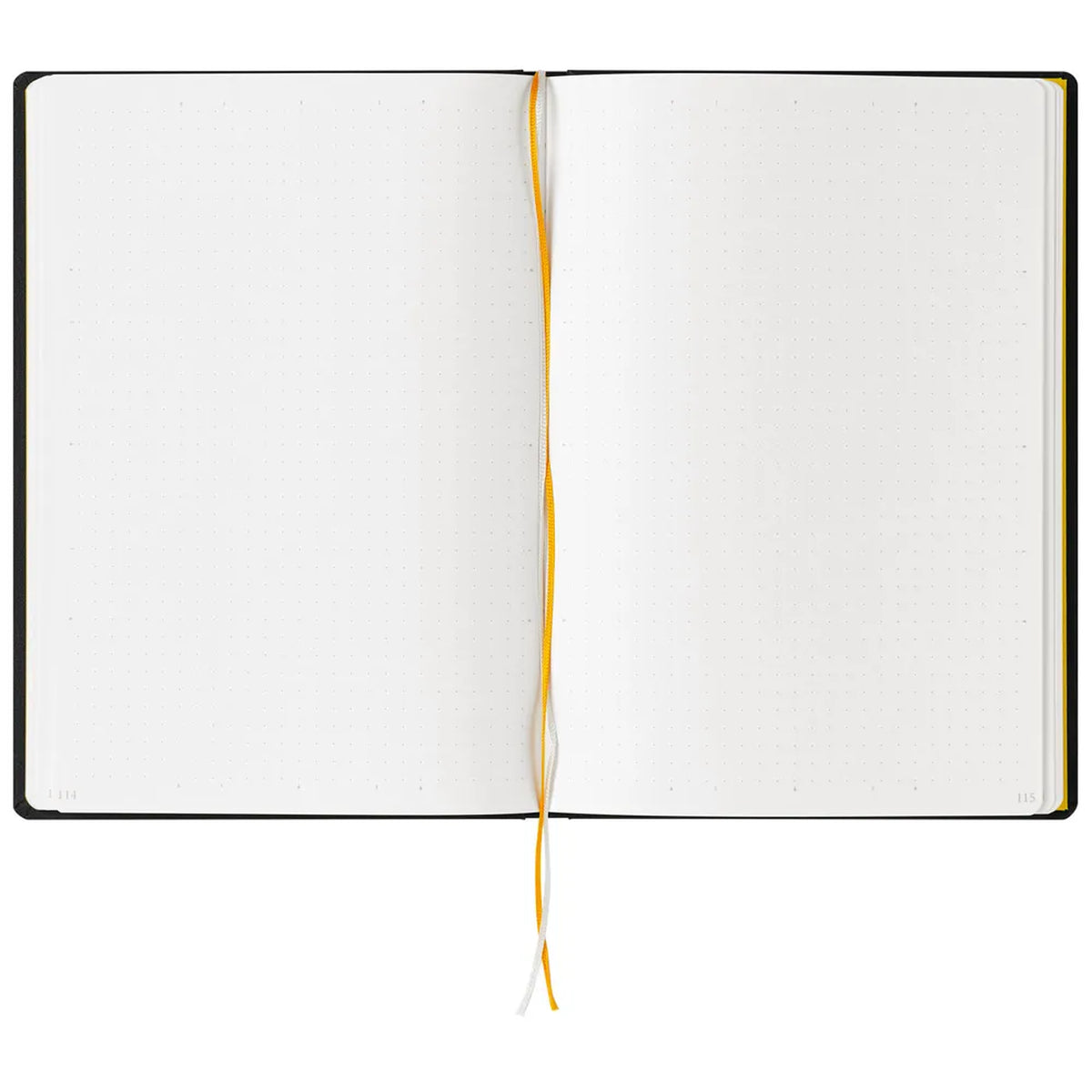 An open notebook with white grid pages, a black cover edge, and a yellow-and-white elastic bookmark ribbon, shown against a plain white background.
