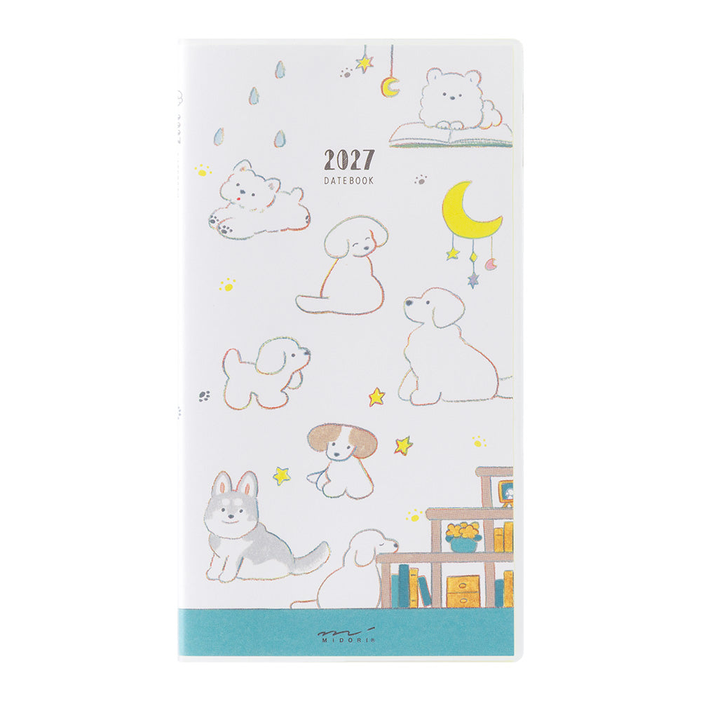 A 2027 daily planner with a cute, minimalist dog-themed illustration on a white cover, featuring pastel-colored drawings of dogs, a bunny, a cat, stars, moons, and a teal band at the bottom.