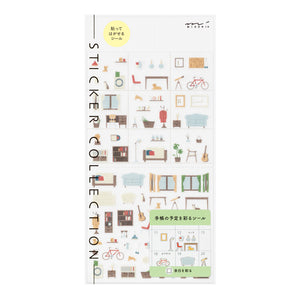 Sticker collection packaging with illustrations of daily life scenes on a white background