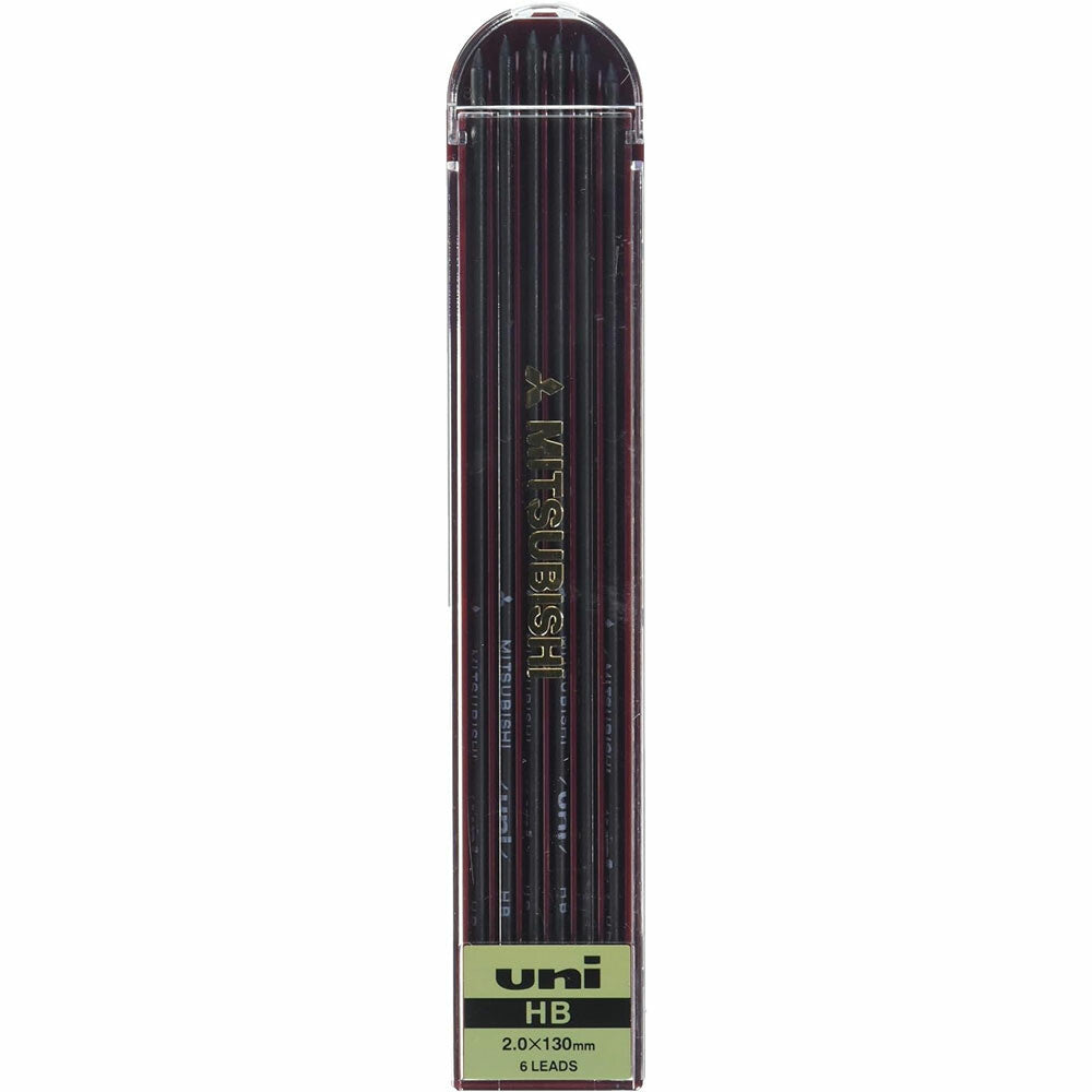 A pack of Uni HB 2.0x130mm 6 lead pencil in a clear plastic case with a green and white label at the bottom, shown against a plain white background.
