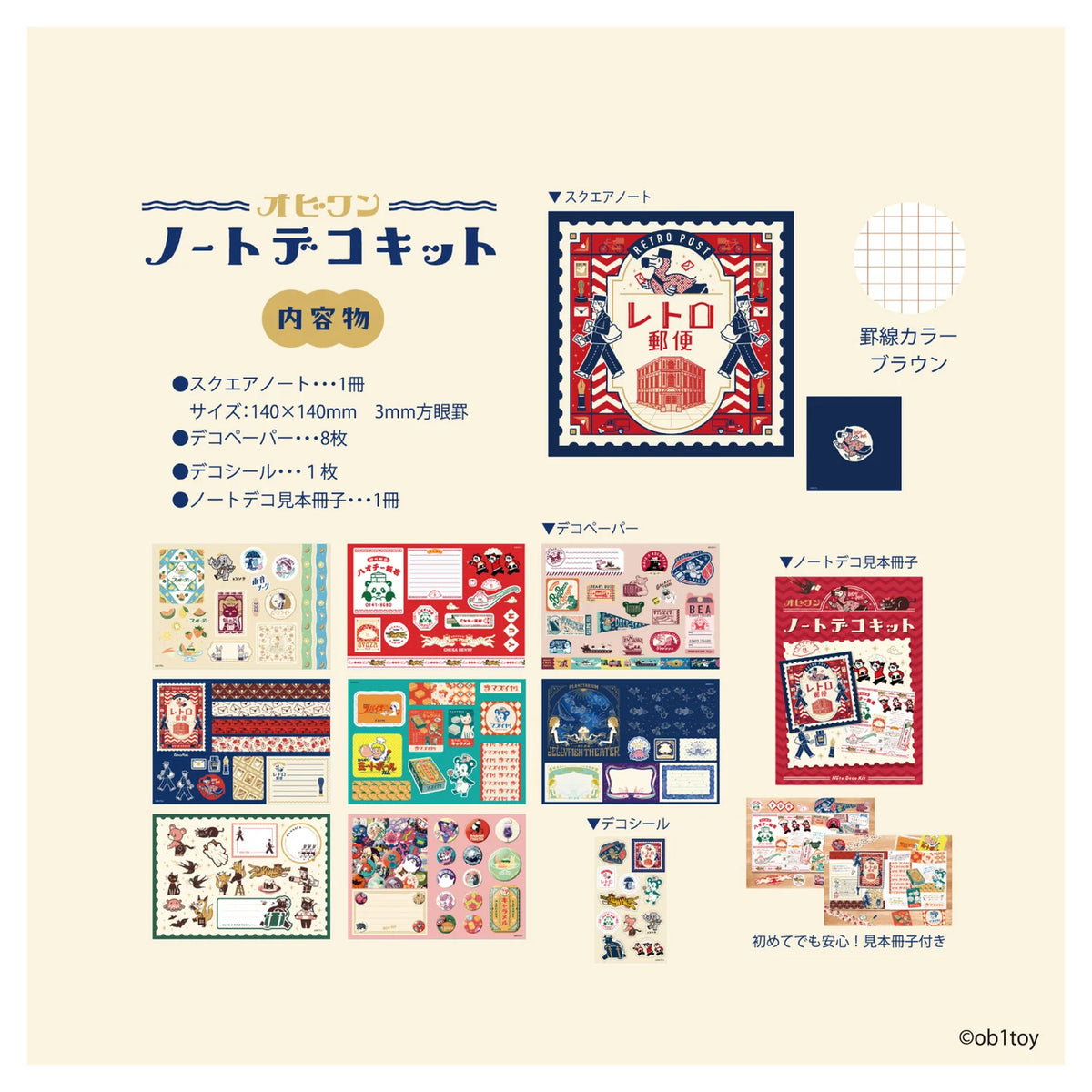 A product information sheet for a 'Retro Notebook Kit' by ob1toy, showing the included items and contents in Japanese text on a light cream background.
