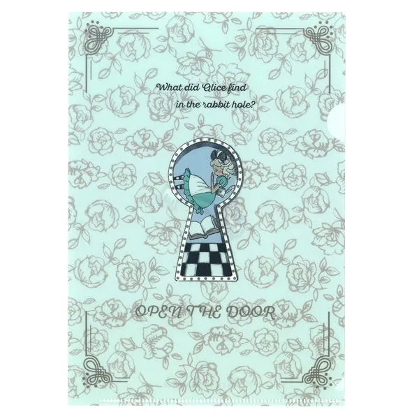 Notebook with Alice in Wonderland design on a floral patterned background