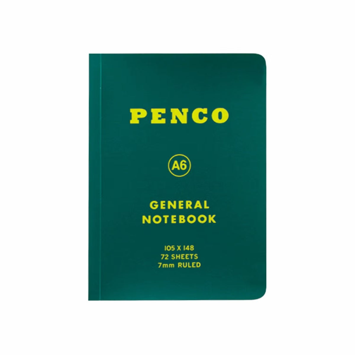 A Penco A6 General Notebook with a dark teal-green cover and yellow text, shown on a plain white background.