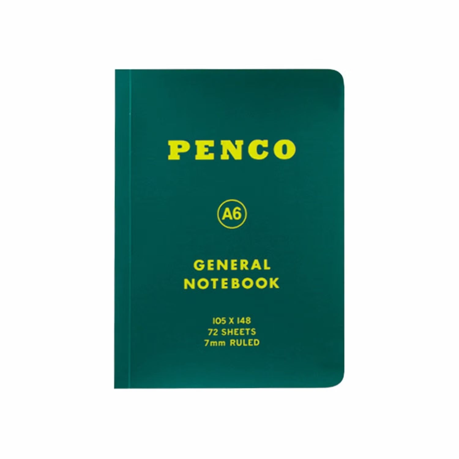 A Penco A6 General Notebook with a dark teal-green cover and yellow text, shown on a plain white background.