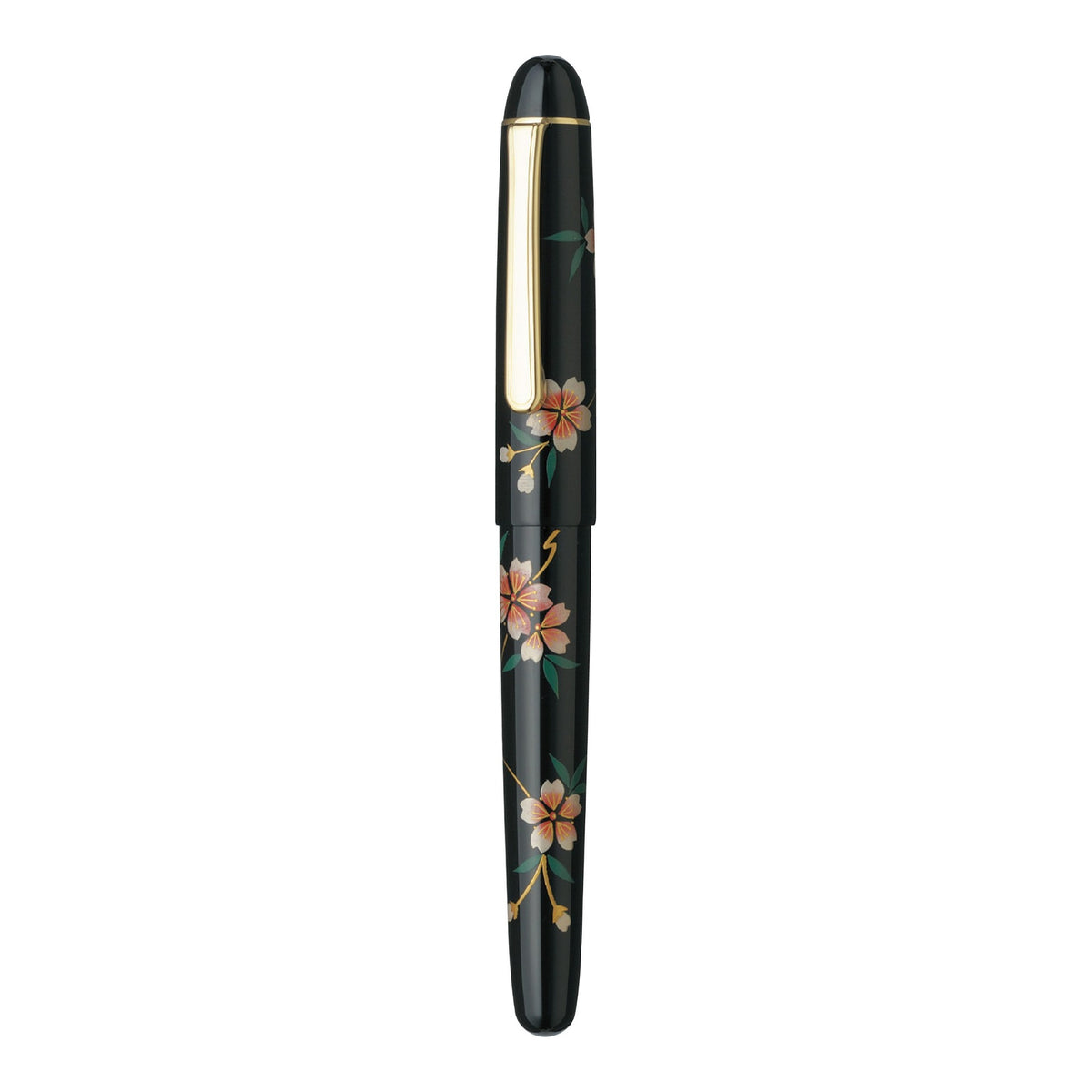 A black fountain pen with a glossy finish, decorated with hand-painted cherry blossom flowers in pink, peach, and green, and accented with gold trim and a gold clip.