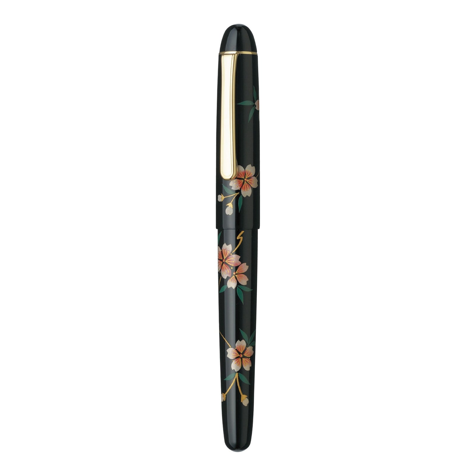 A black fountain pen with a glossy finish, decorated with hand-painted cherry blossom flowers in pink, peach, and green, and accented with gold trim and a gold clip.