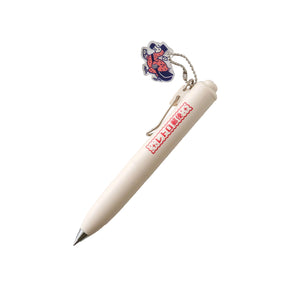 White pen with red text, accompanied by a small keychain with cartoon character. Ob1toy design retro post