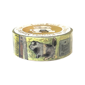 A roll of decorative washi tape featuring vintage-style illustrations, including a black-and-white dog and a postcard design, on a white background.