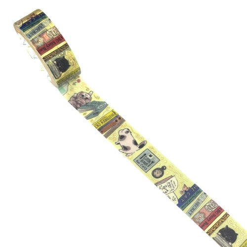 A roll of decorative washi tape featuring a vintage Harry Potter theme with illustrations of characters, books, and magical items on a pale yellow background.