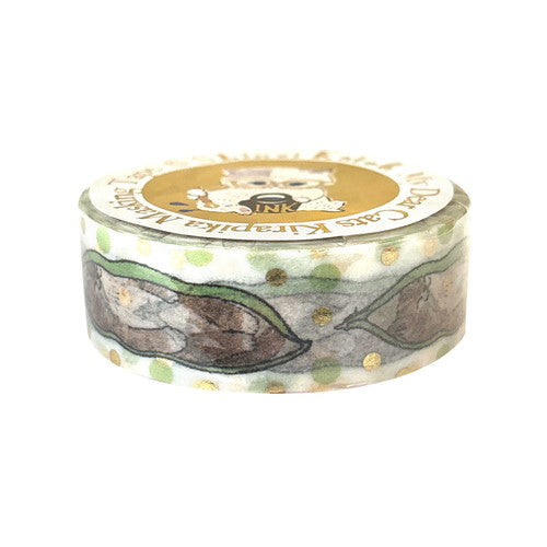 A roll of decorative washi tape featuring illustrated sleeping cats in green leaves with gold polka dots, shown on a plain white background.