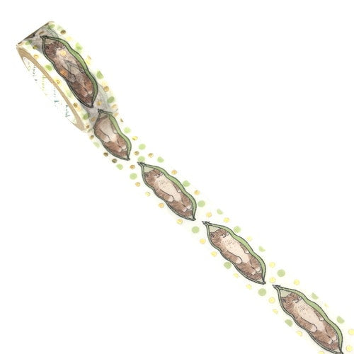 A roll of washi tape featuring a repeating pattern of brown cat faces inside green pea pods, accented with small green and yellow polka dots on a white background.