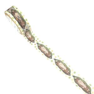 A roll of washi tape featuring a repeating pattern of brown cat faces inside green pea pods, accented with small green and yellow polka dots on a white background.