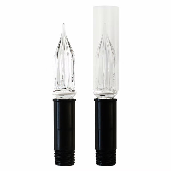 Two clear glass flame-tip oil lamps with black threaded bases, shown on a plain white background.