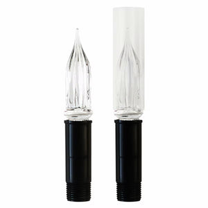Two clear glass flame-tip oil lamps with black threaded bases, shown on a plain white background.