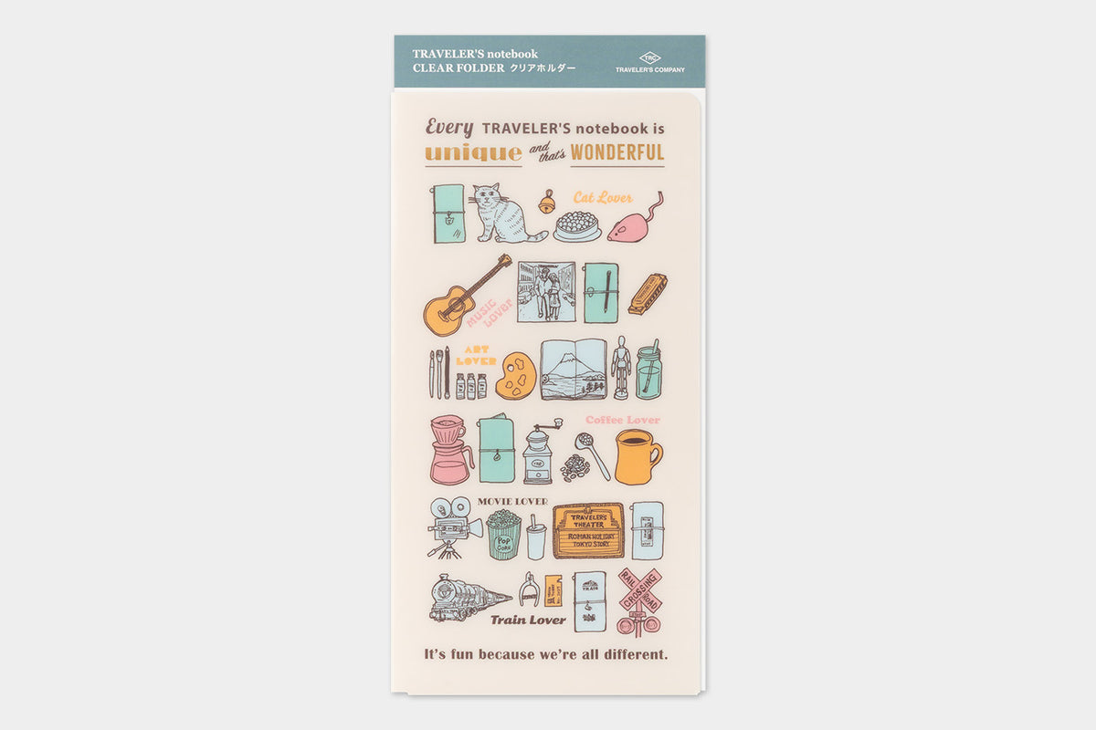 A vertical sheet of clear adhesive notes or sticker-style inserts with printed travel-themed illustrations and text, shown against a light gray background. The sheet includes small drawings of a guitar, cat, coffee mug, camera, train ticket, and other travel objects, plus decorative phrases.