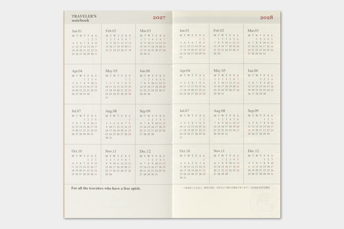 PRE-ORDER - 2027 Traveler's Notebook (TRC) - Monthly Diary (Regular Size)
