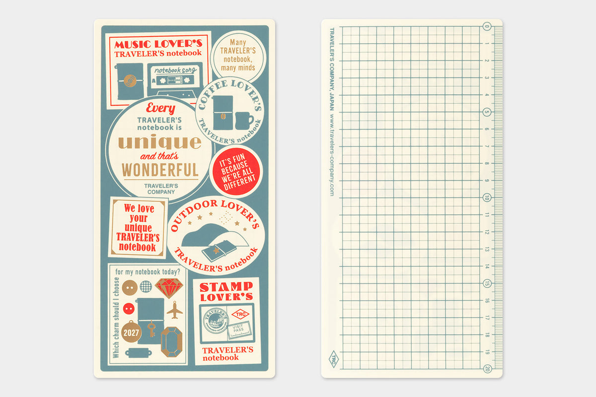 A set of two stationery items: a vertical card featuring retro-style travel-themed stickers in muted teal, cream, and red, alongside a matching grid notebook page with a grid pattern.