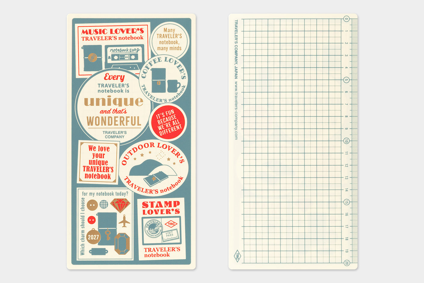 A set of two stationery items: a vertical card featuring retro-style travel-themed stickers in muted teal, cream, and red, alongside a matching grid notebook page with a grid pattern.