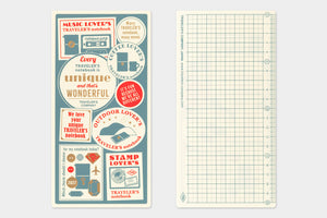 A set of two stationery items: a vertical card featuring retro-style travel-themed stickers in muted teal, cream, and red, alongside a matching grid notebook page with a grid pattern.