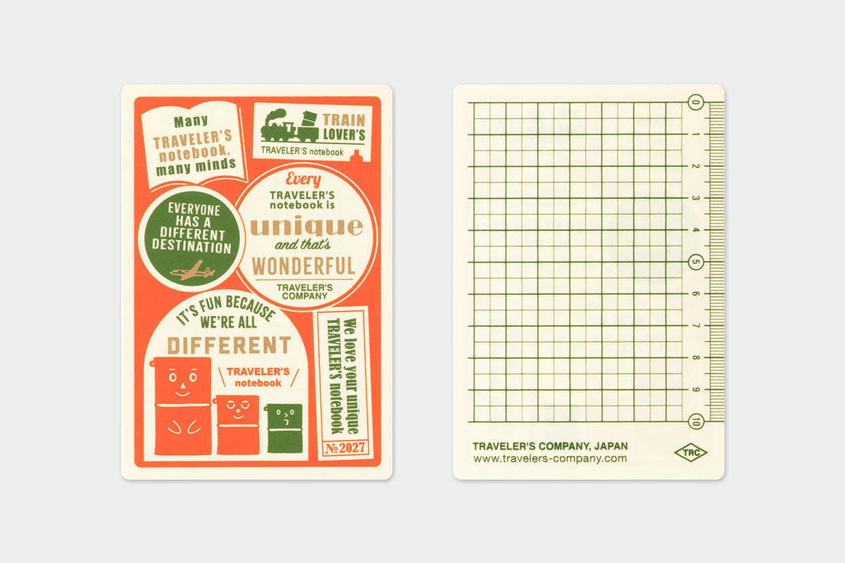 A pair of traveler's notebook notepad sheets shown flat against a light gray background. The left sheet features retro-style travel illustrations and text in orange, cream, and green, while the right sheet is a blank grid with green lines and printed branding at the bottom.