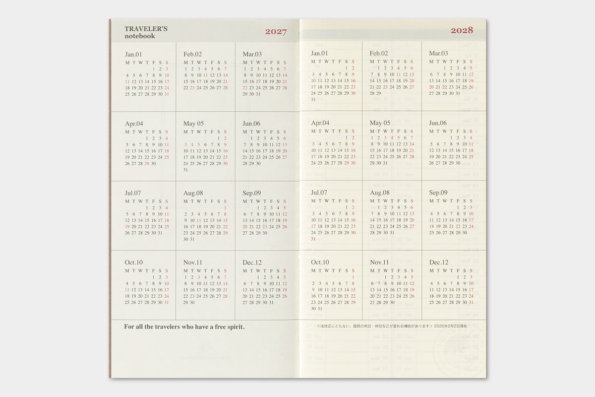 PRE-ORDER - 2027 - Traveler's Notebook (TRC) Weekly Vertical Diary (Regular size)