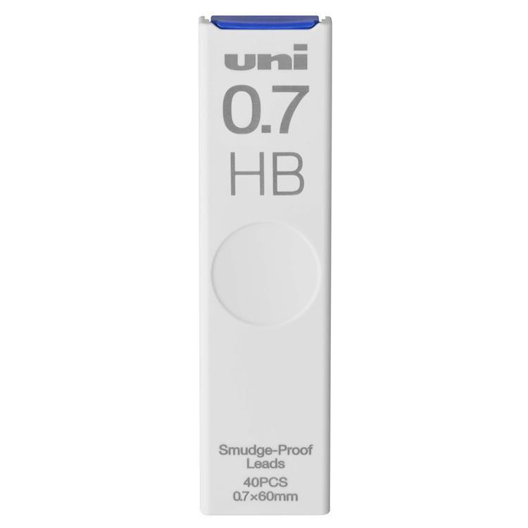 Box of uni brand 0.7 HB pencil leads on a white background